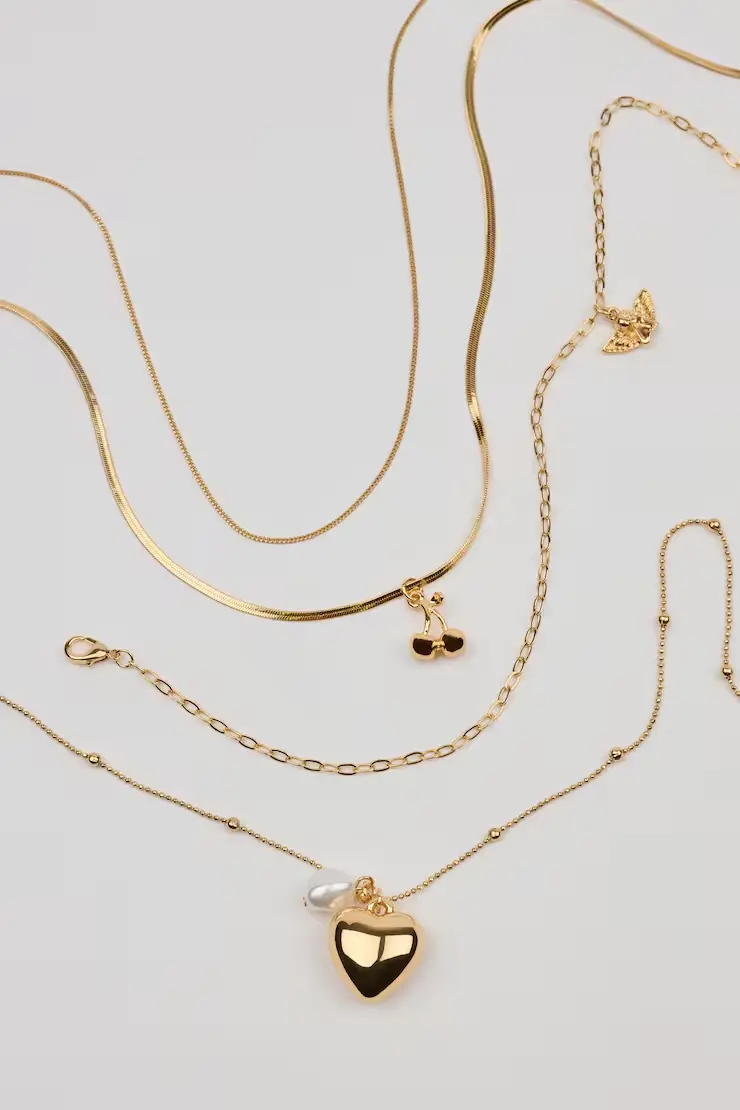 Set Of 4 Angel And Cherry Pendant Necklaces