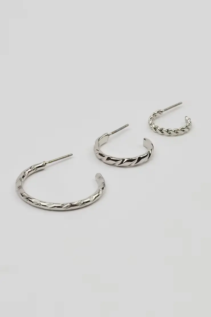 Set Of 3 Textured Open Hoop Earrings